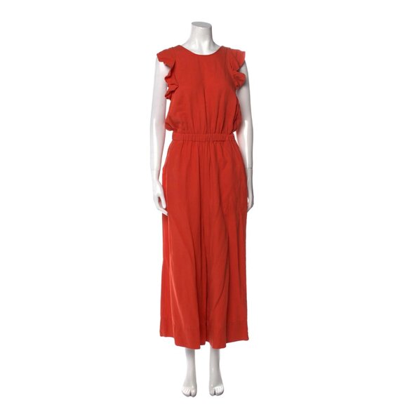 Ulla Johnson Viola Jumpsuit Womens 4 Chili Orange Linen Wide Leg Ruffled Ankle - Picture 1 of 15